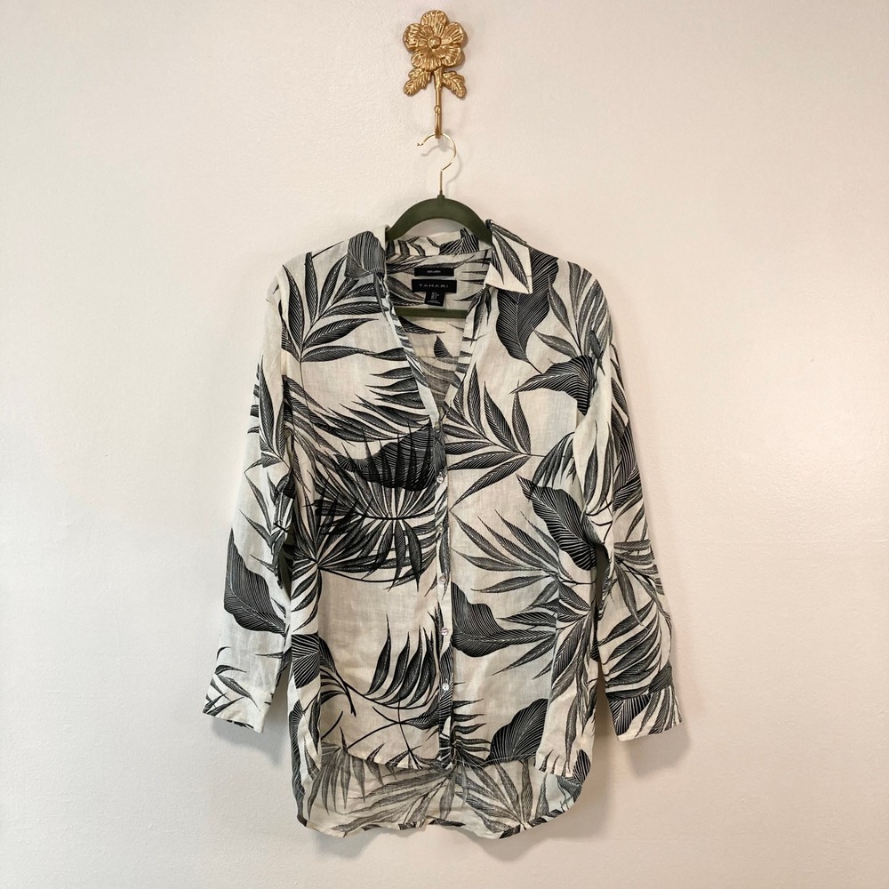 100% Linen White Black Tropical Palm Leaf Button Down Top Tahari S Coastal Beach